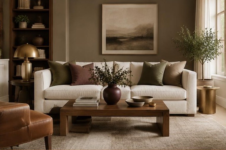 Warm Collected Neutrals: Linen, walnut, quiet olive, and a touch of plum. Collected rather than coordinated.