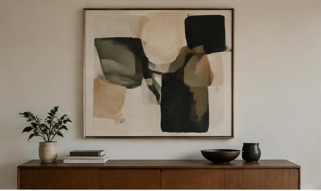 Large framed abstract art at eye level above a low console
