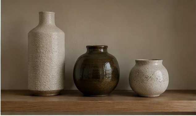 Three ceramic vessels in tall, medium, and low shapes