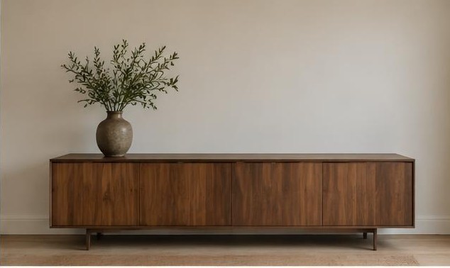 Uncluttered walnut sideboard with a single vase and open wall space