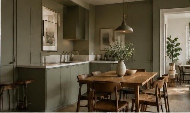 Open apartment with coordinated sage and olive green finishes