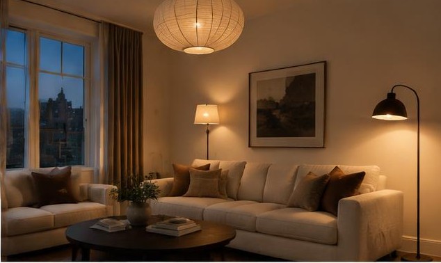 Evening living room with pendant, reading lamp, and softly illuminated artwork