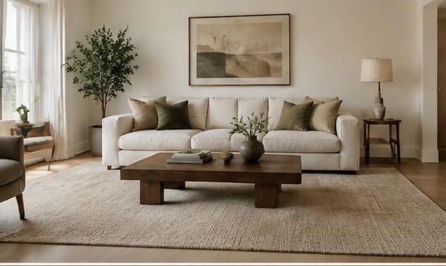 Properly proportioned sofa and coffee table connected by a generous rug