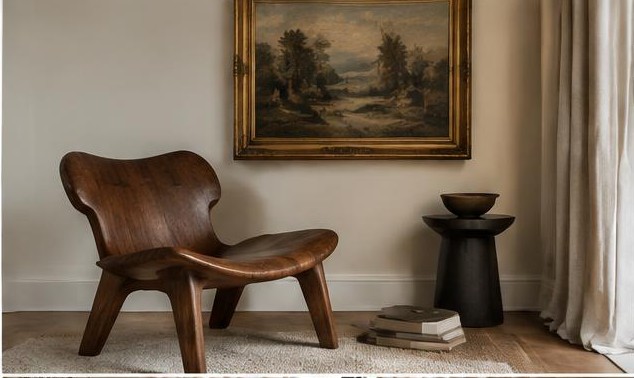 Sculptural vintage wooden chair beneath an old landscape painting
