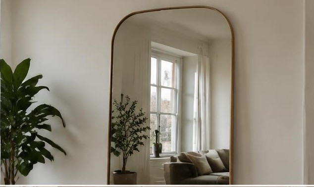 Arched mirror reflecting a bright window and an attractive living area