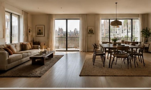 Open-plan apartment with separate living and dining rugs and clear circulation