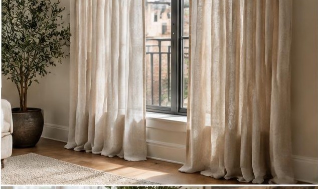 High-mounted linen curtains touching the floor beside a bright window