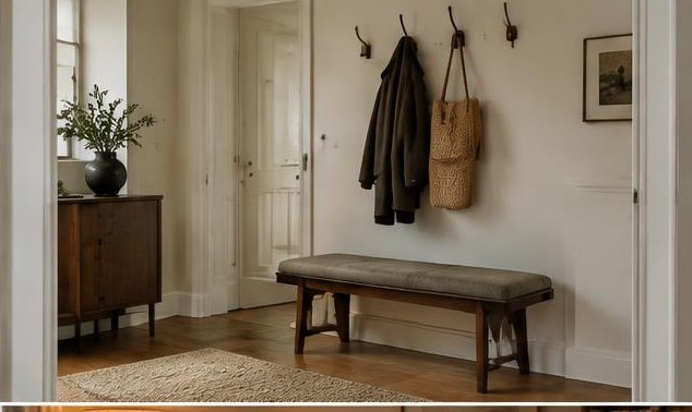Compact entry with bench, coat hooks, and a tidy small cabinet