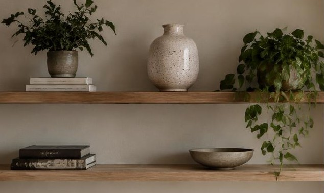 Shelf styled with a small selection of books, ceramic vessels, and greenery
