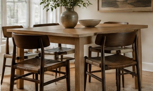 Light oak dining table paired intentionally with darker walnut chairs