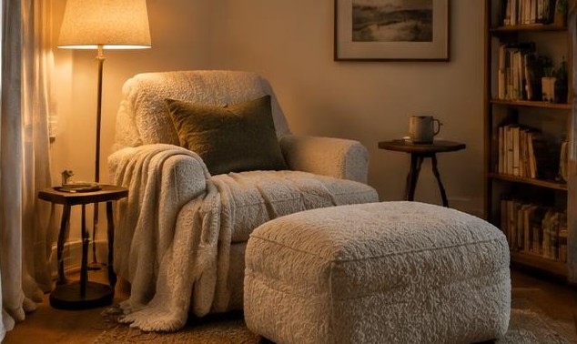 Comfortable armchair with footstool, soft blanket, and a reading lamp