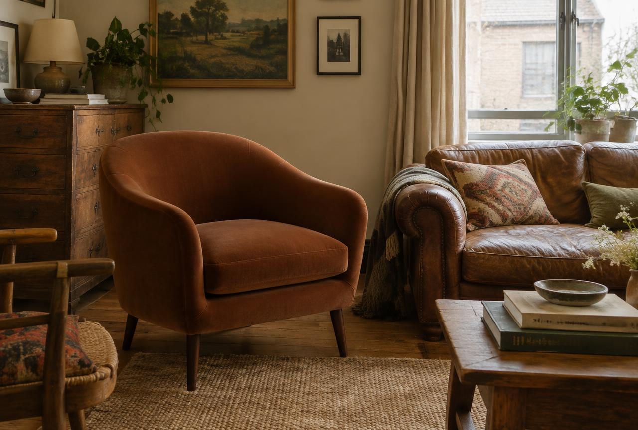New rust velvet armchair surrounded by older leather sofa, wooden chest, and vintage chair