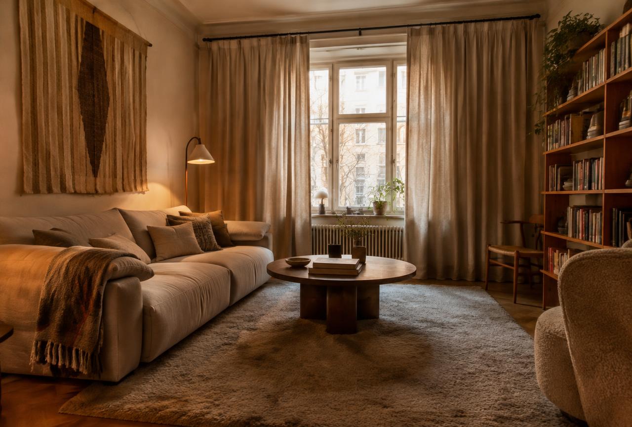 Living room with a deep wool rug, heavy linen curtains, upholstered sofa, wall hanging, and bookshelves