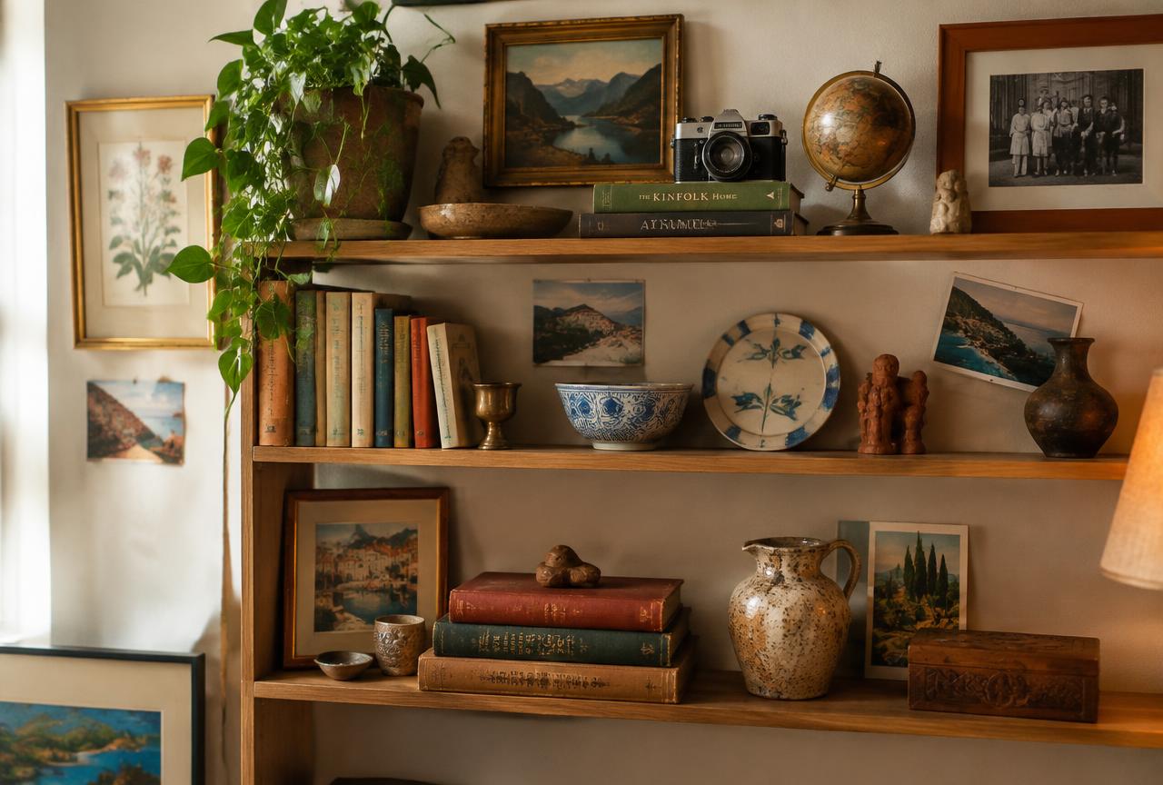Shelves styled with personal souvenirs, handmade ceramics, vintage books, and framed pictures