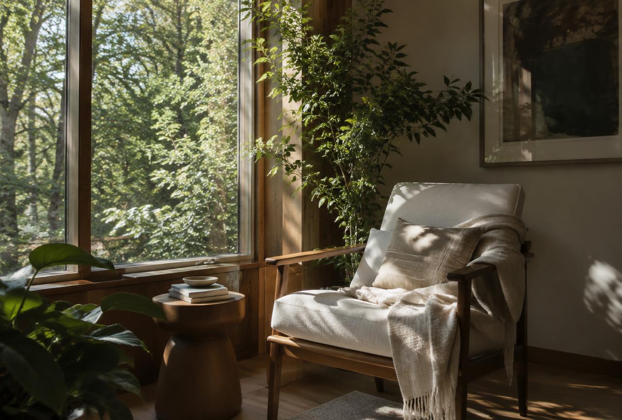 Reading chair by a large window overlooking trees, with plants and dappled sunlight