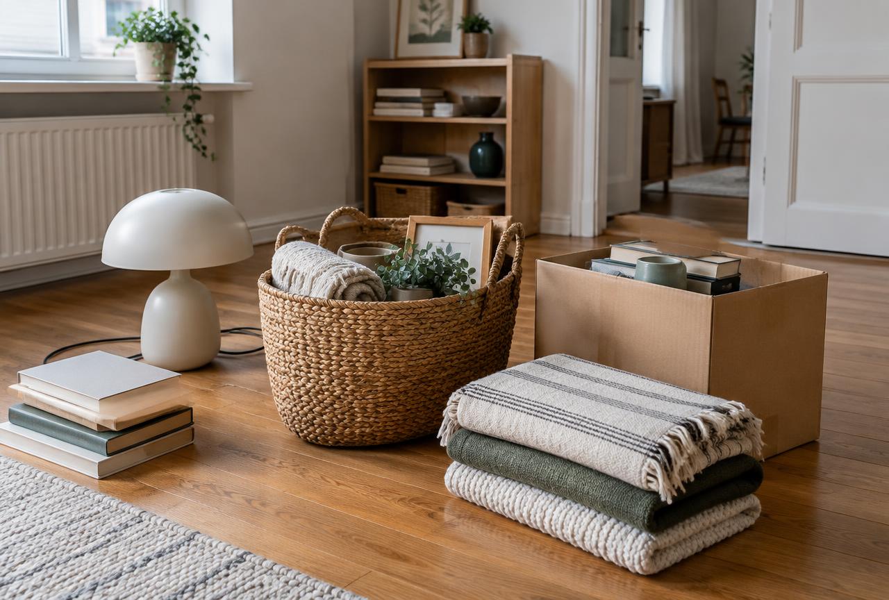 Folded throws, a woven basket, and a box of objects sorted on a wooden floor