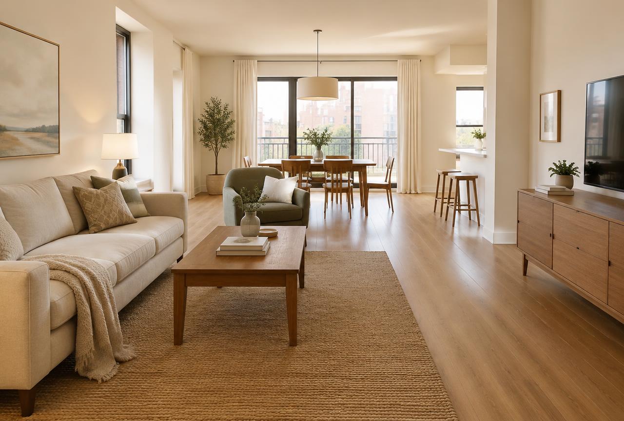 Open living and dining area with a clear walkway between sofa, coffee table, and dining table